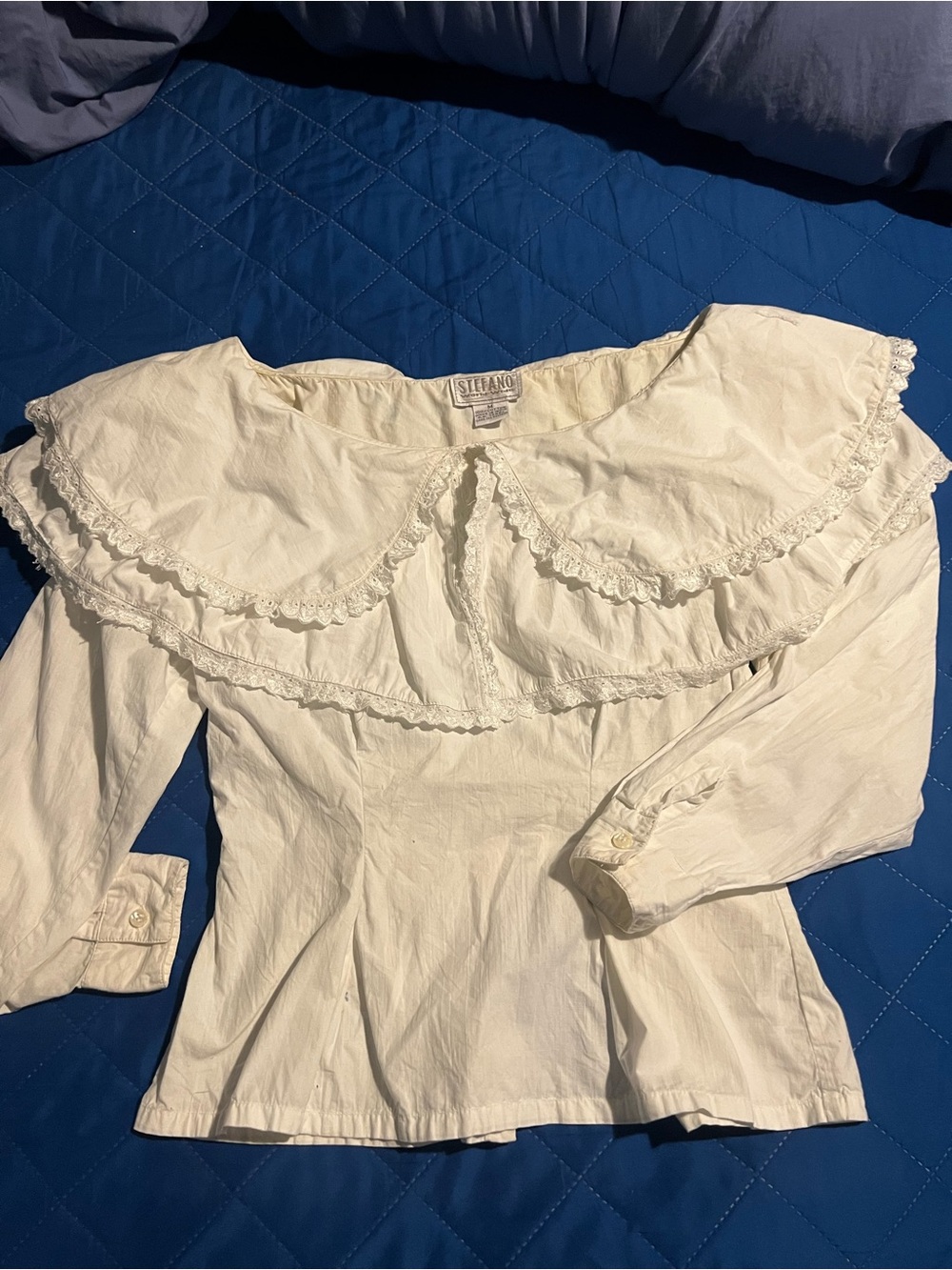 Vintage Stefano White Double-Ruffle Cotton Blouse